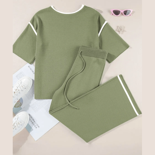 Tatina Green Contrast Trim Half Sleeve Top Drawstring Pants Loose 2pcs Sweater Suit