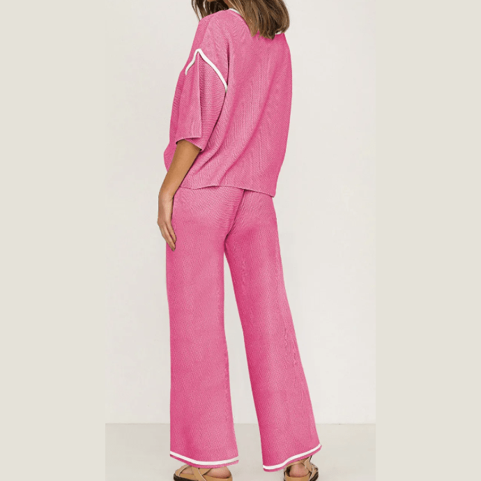 Tatina Pink Contrast Trim Half Sleeve Top Drawstring Pants Loose 2pcs Sweater Suit