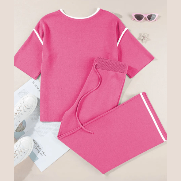 Tatina Pink Contrast Trim Half Sleeve Top Drawstring Pants Loose 2pcs Sweater Suit