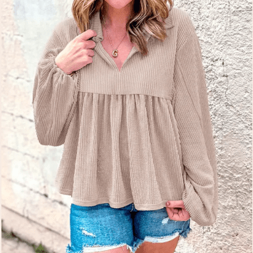 Shanice Parchment Corded Turn-down V Neck Bubble Sleeve Babydoll Blouse