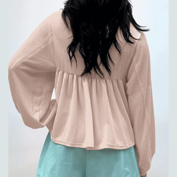 Shanice Parchment Corded Turn-down V Neck Bubble Sleeve Babydoll Blouse