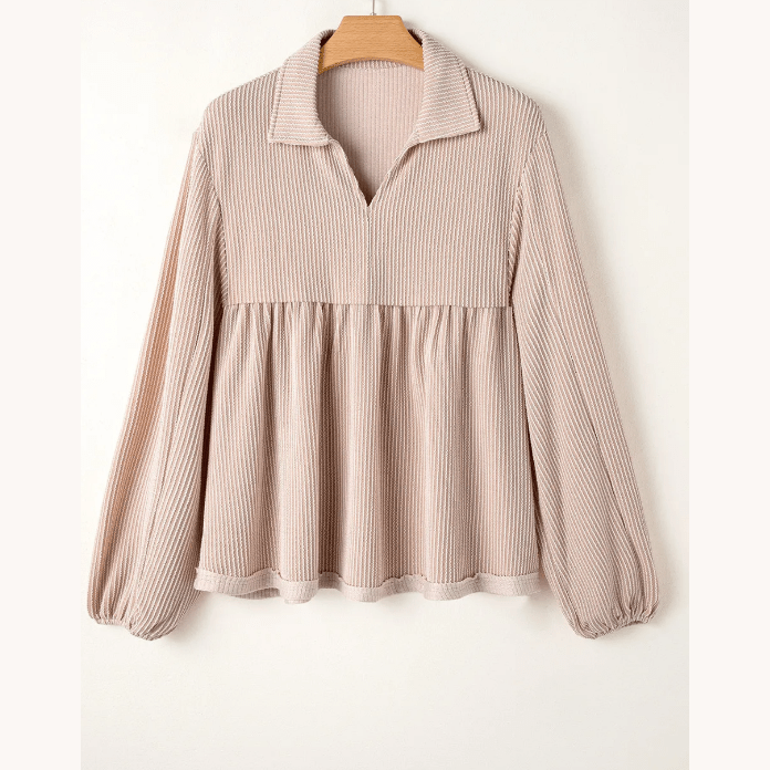 Shanice Parchment Corded Turn-down V Neck Bubble Sleeve Babydoll Blouse
