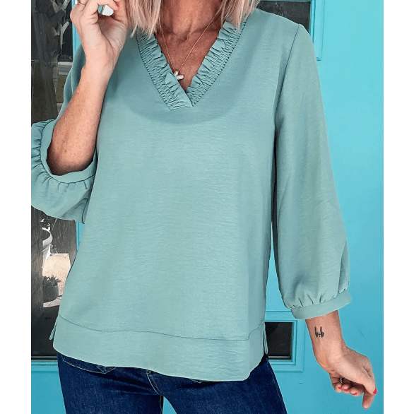 Dezi Moonlight Jade Frilled V Neckline Bracelet Sleeve Crinkled Blouse