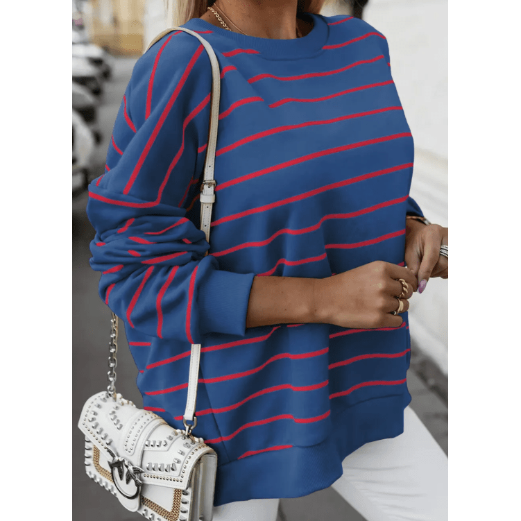 Evelyn Blue Stripe Overlap Detail Drop Shoulder Pullover Sweatshirt