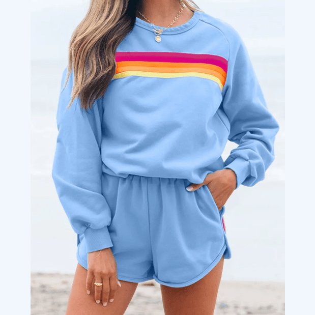 Rianne Blue Striped Accent Pullover and Shorts Two Piece Casual Set
