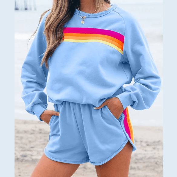 Rianne Blue Striped Accent Pullover and Shorts Two Piece Casual Set
