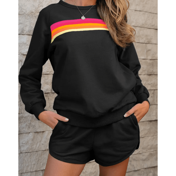 Rianne Black Striped Accent Pullover and Shorts Two Piece Casual Set