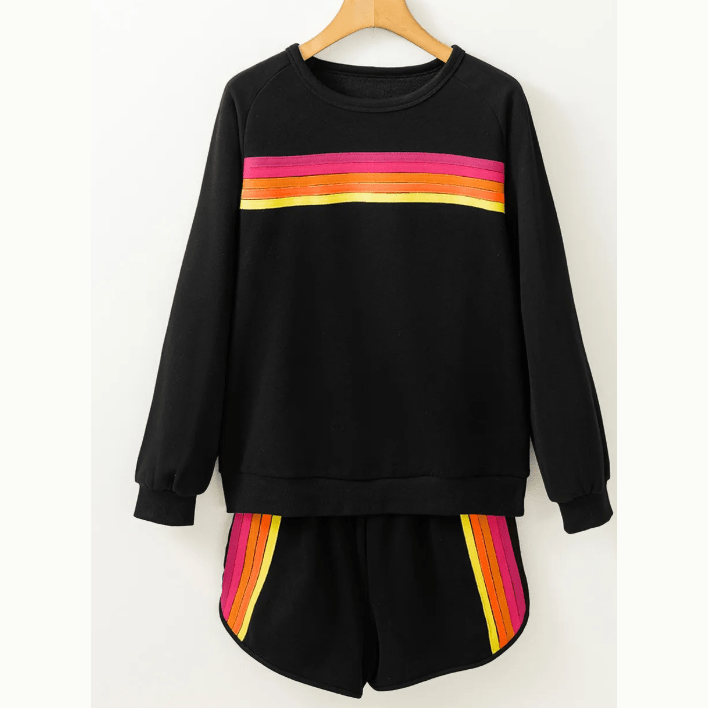 Rianne Black Striped Accent Pullover and Shorts Two Piece Casual Set