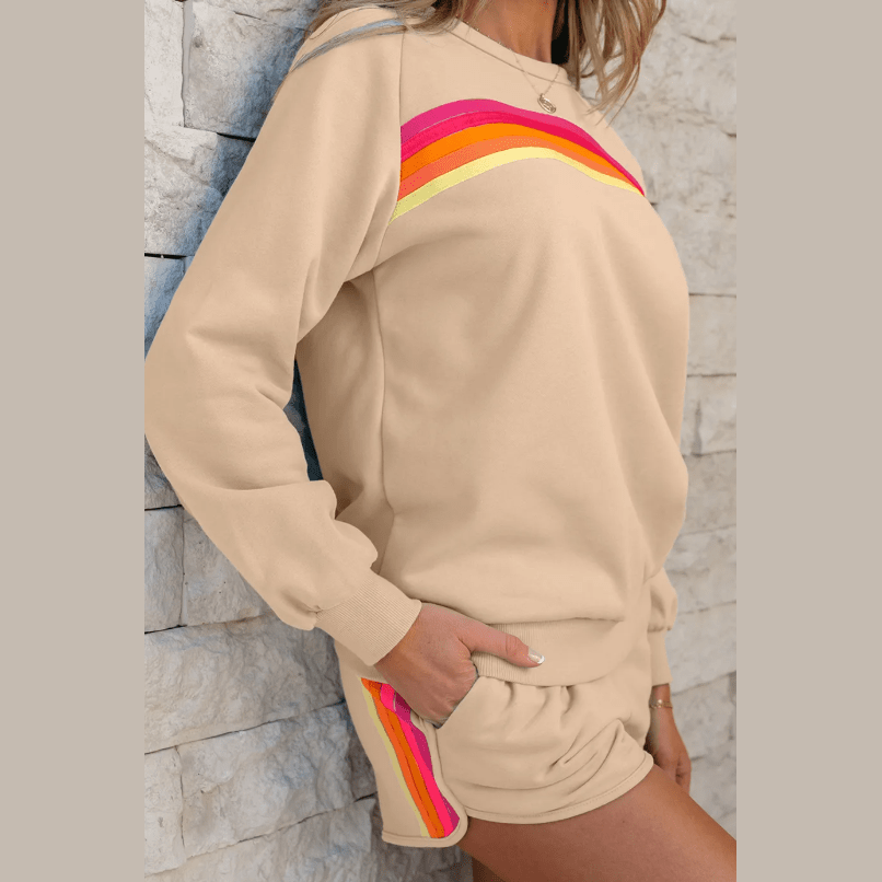 Rianne Apricot Striped Accent Pullover and Shorts Two Piece Casual Set