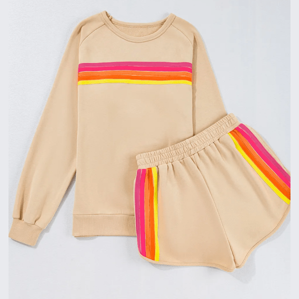 Rianne Apricot Striped Accent Pullover and Shorts Two Piece Casual Set