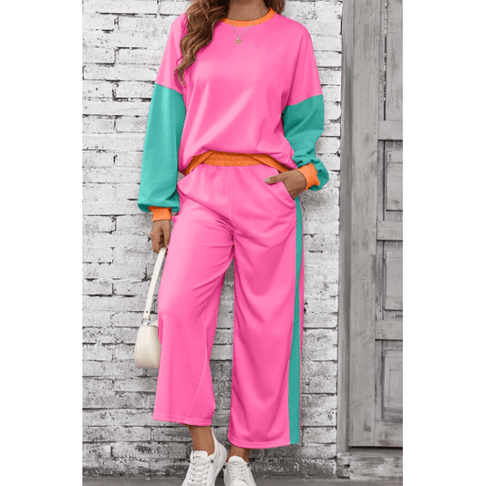 Khloe Hot Pink 2pcs Color Block Pullover Loose Pant Set