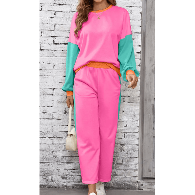 Khloe Hot Pink 2pcs Color Block Pullover Loose Pant Set