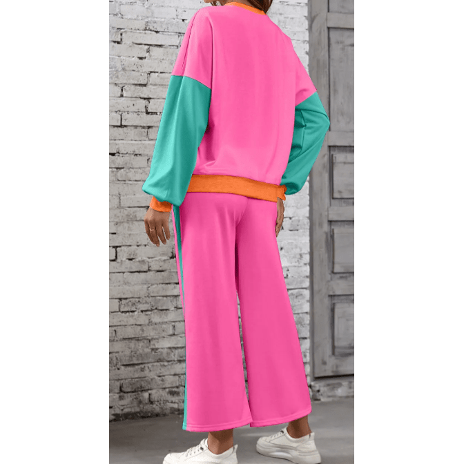 Khloe Hot Pink 2pcs Color Block Pullover Loose Pant Set