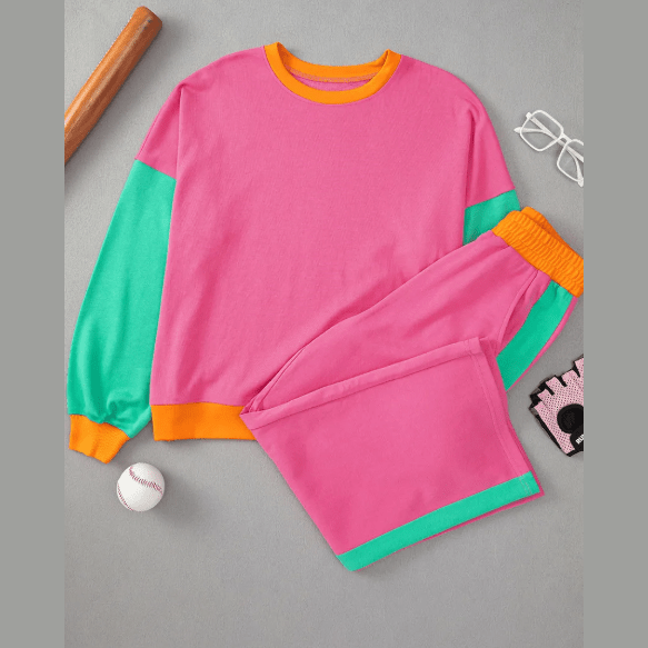 Khloe Hot Pink 2pcs Color Block Pullover Loose Pant Set