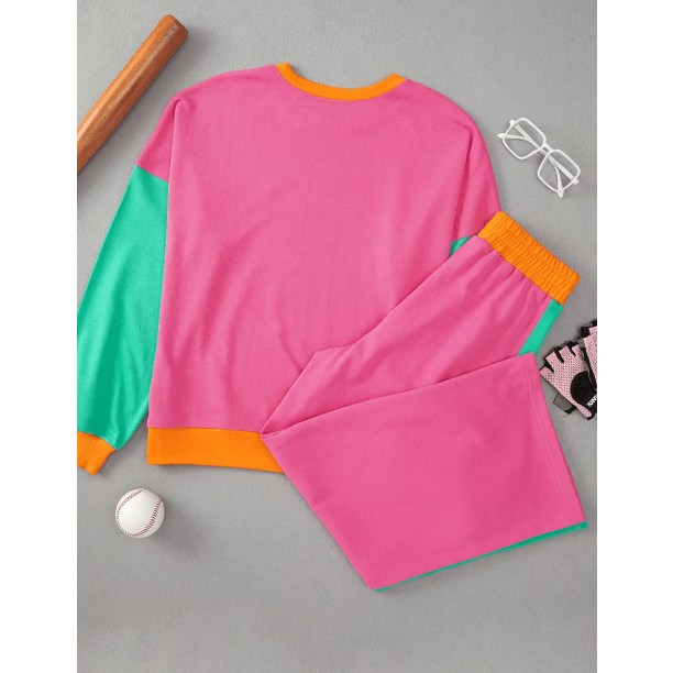 Khloe Hot Pink 2pcs Color Block Pullover Loose Pant Set