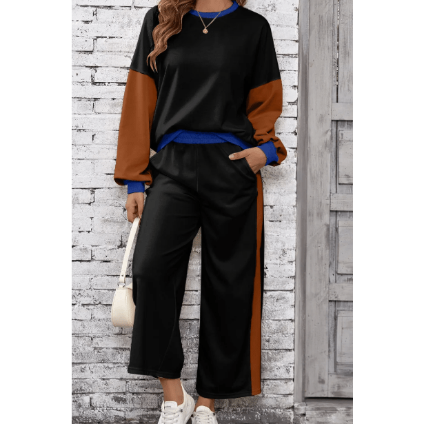 Khloe Black 2pcs Color Block Pullover Loose Pant Set