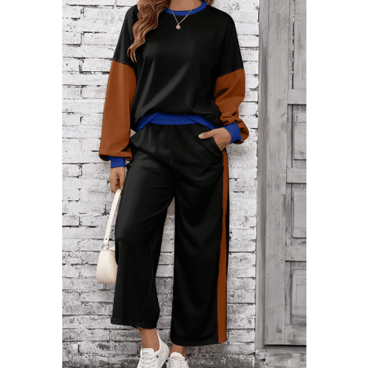 Khloe Black 2pcs Color Block Pullover Loose Pant Set
