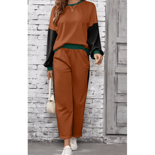 Khloe Brown 2pcs Color Block Pullover Loose Pant Set