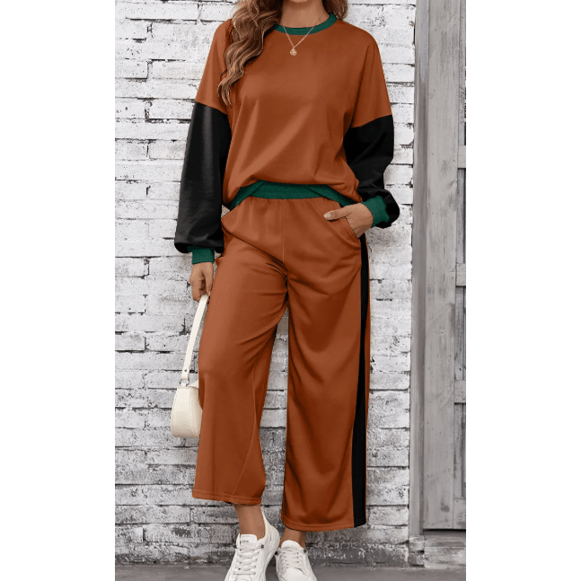 Khloe Brown 2pcs Color Block Pullover Loose Pant Set