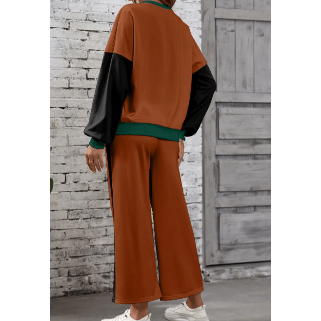 Khloe Brown 2pcs Color Block Pullover Loose Pant Set