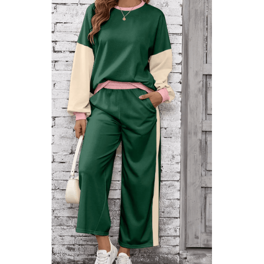 Khloe Dark Green 2pcs Color Block Pullover Loose Pant Set
