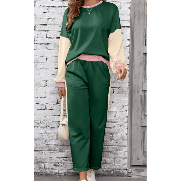 Khloe Dark Green 2pcs Color Block Pullover Loose Pant Set