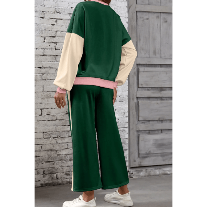 Khloe Dark Green 2pcs Color Block Pullover Loose Pant Set