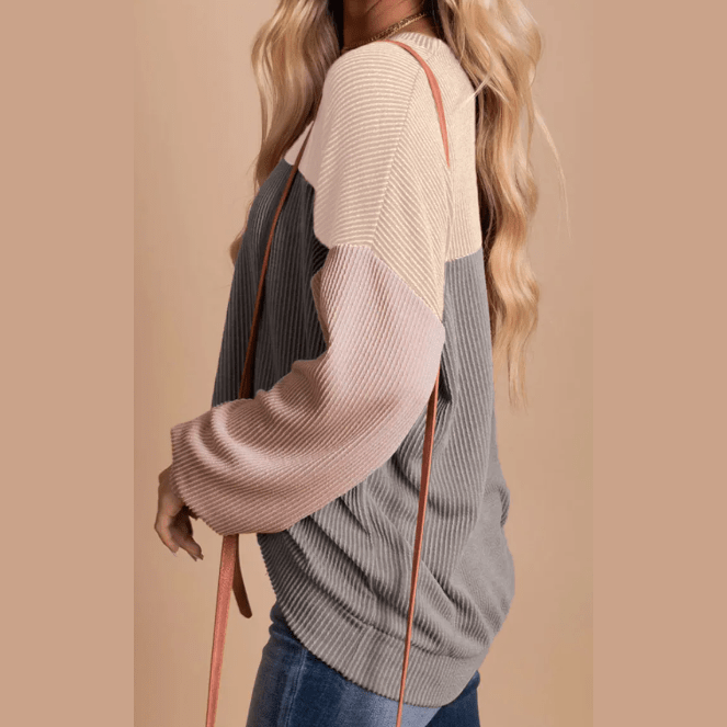 Joey Apricot Color Block Long Sleeve Ribbed Loose Top