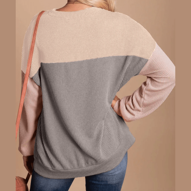 Joey Apricot Color Block Long Sleeve Ribbed Loose Top