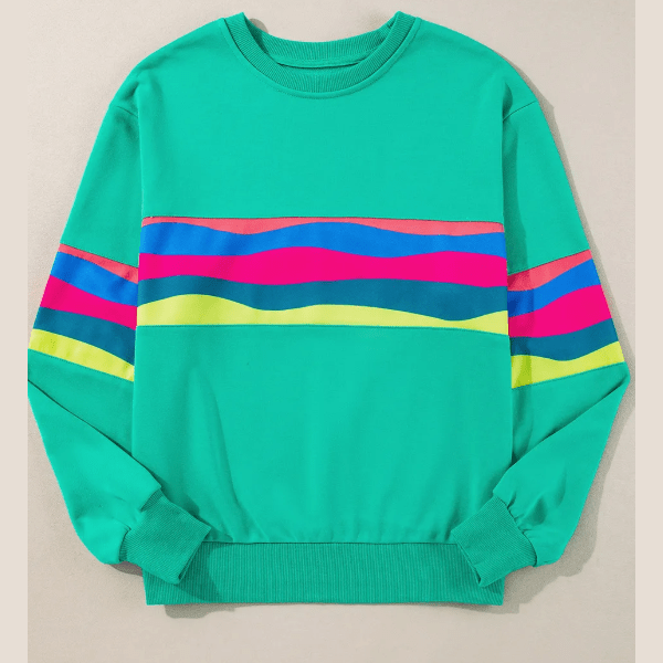 Brisa Green Colorful Striped Accent Long Sleeve T Shirt