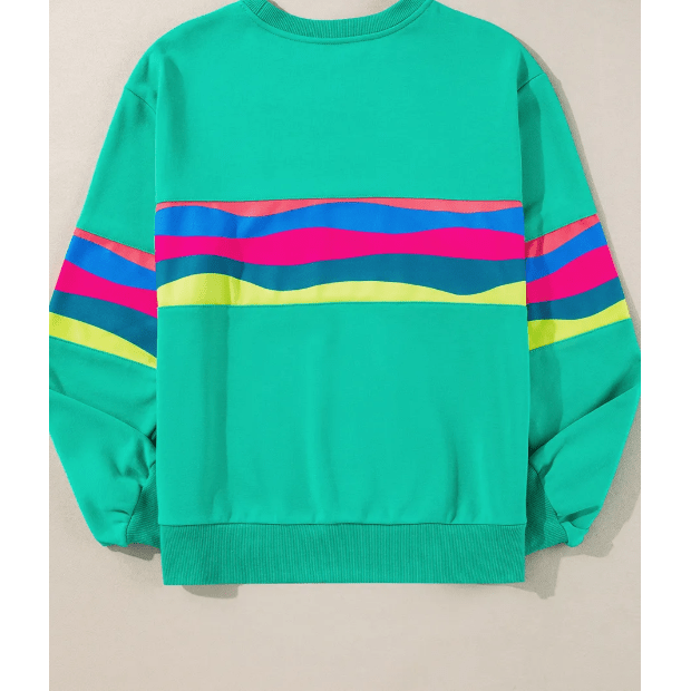 Brisa Green Colorful Striped Accent Long Sleeve T Shirt