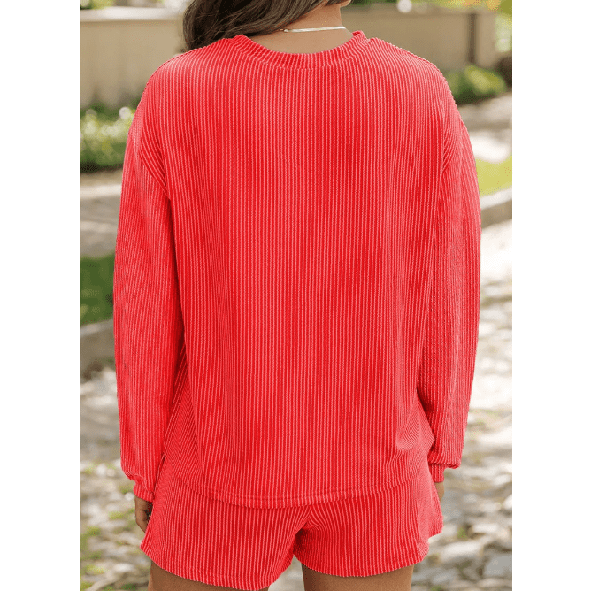 Zahra Red Corded Knit Long Sleeve Top and High Waist Shorts Set