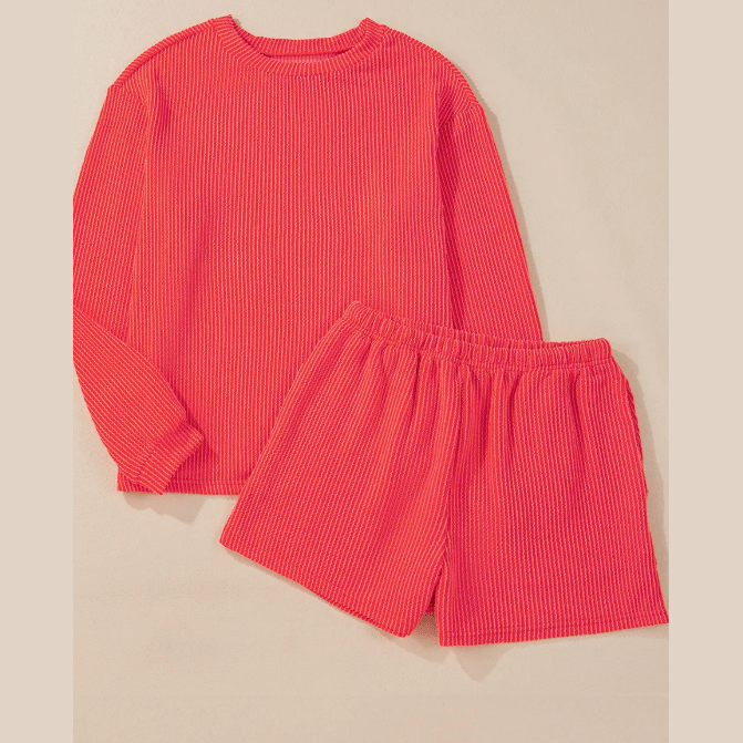 Zahra Red Corded Knit Long Sleeve Top and High Waist Shorts Set