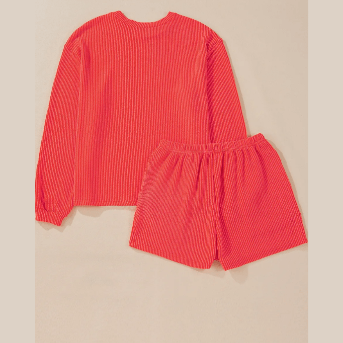 Zahra Red Corded Knit Long Sleeve Top and High Waist Shorts Set