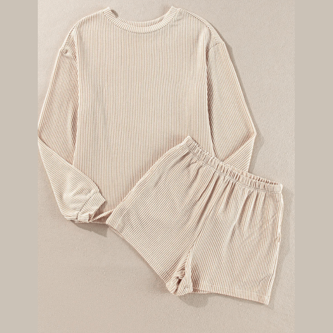 Zahra Parchment Corded Knit Long Sleeve Top and High Waist Shorts Set
