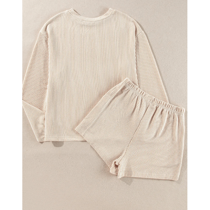 Zahra Parchment Corded Knit Long Sleeve Top and High Waist Shorts Set