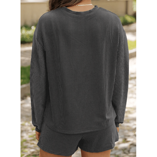 Zahra Charcoal Corded Knit Long Sleeve Top and High Waist Shorts Set