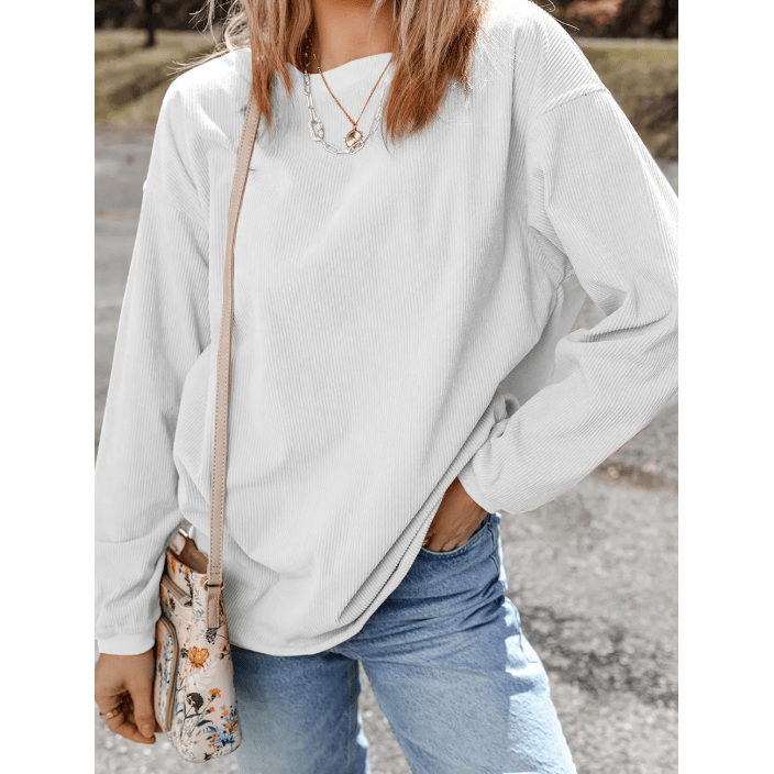 Karmen White Ribbed Corded Oversized Sweatshirt
