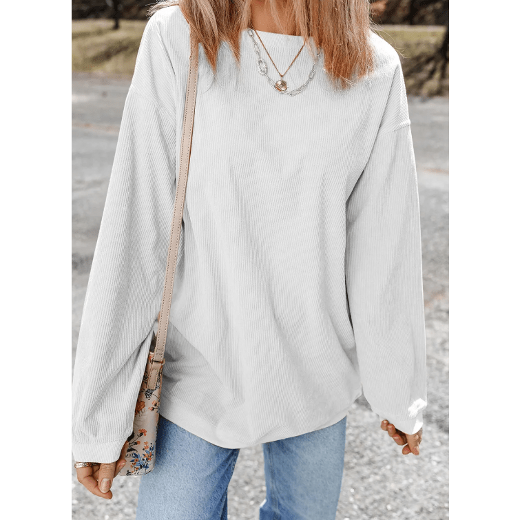 Karmen White Ribbed Corded Oversized Sweatshirt