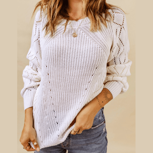 Neda White Hollow-out Puffy Sleeve Knit Sweater