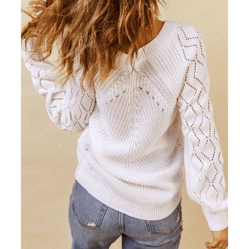 Neda White Hollow-out Puffy Sleeve Knit Sweater