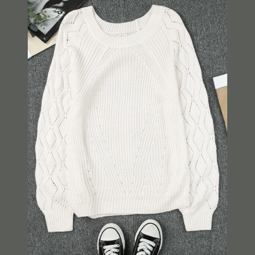 Neda White Hollow-out Puffy Sleeve Knit Sweater