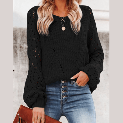 Neda Black Hollow-out Puffy Sleeve Knit Sweater