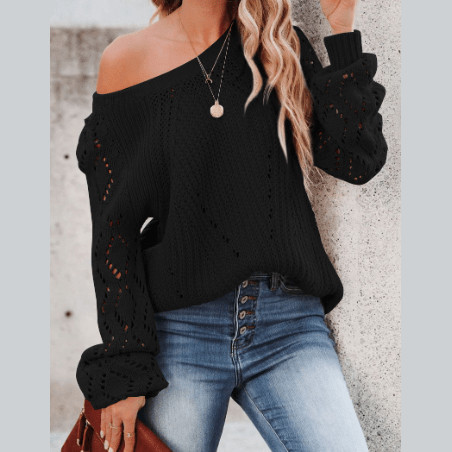Neda Black Hollow-out Puffy Sleeve Knit Sweater