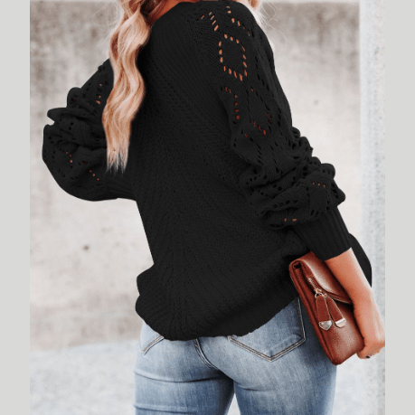 Neda Black Hollow-out Puffy Sleeve Knit Sweater