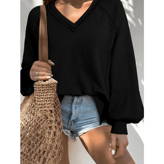 Lilah Black Exposed Seam Textured Knit V Neck Pullover Top