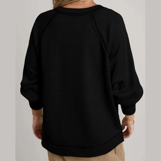 Lilah Black Exposed Seam Textured Knit V Neck Pullover Top