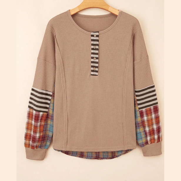 Jenny Khaki Waffle Stripe Plaid Patchwork Henley Knit Top