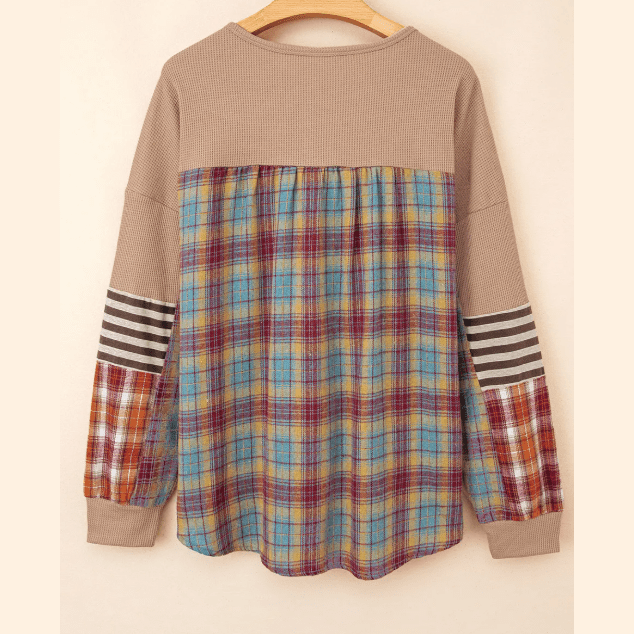 Jenny Khaki Waffle Stripe Plaid Patchwork Henley Knit Top