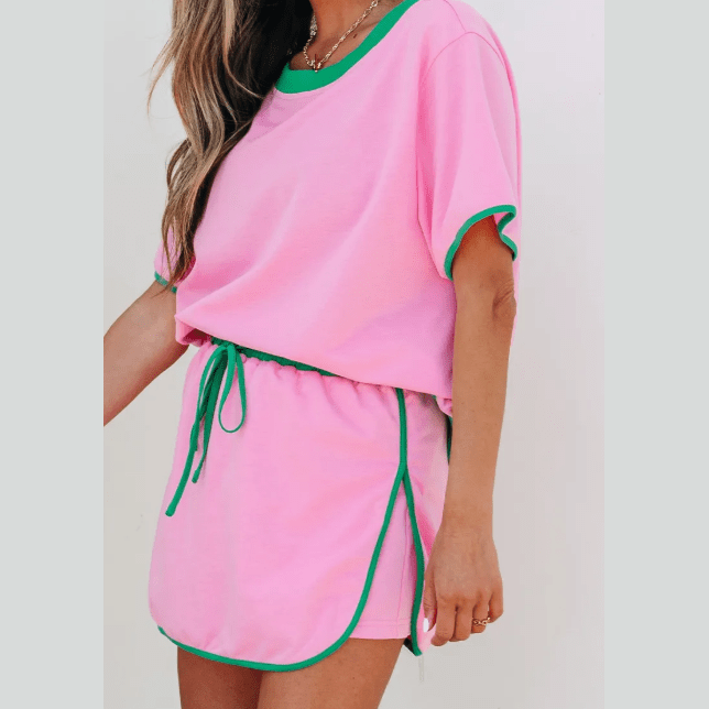 Jolena Pink Colorblock Edge Drop Shoulder T Shirt and Skort 2Pcs Set